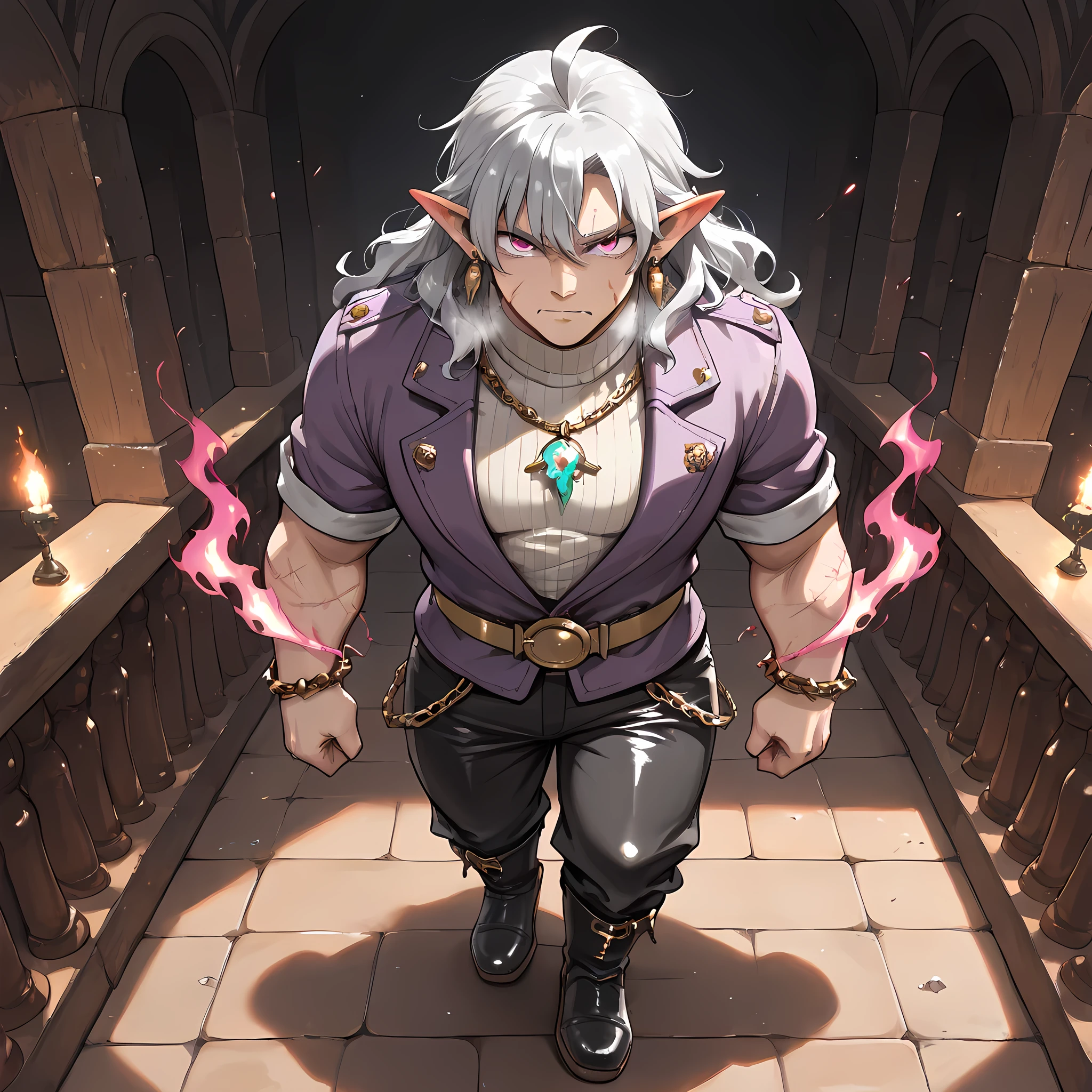 ((Ano Danchi no Tsuma-tachi wa... The style of animated anime:1.4)), {man1}:(man1 similar to Keisuke Baji, human ears, wavy hair, mature looking man, strong-bodied man, developed physique, muscular body, purple jacket, gray turtleneck underneath the jacket, gold belt on long pants, black army pants, silver chain attached to the side of the pants, black leather boots, thorn bracelets on the arms, scars on the arms, burn marks on the cheeks to the middle of the neck, earrings with a waning moon pendant, short gray hair quite messy to the height of the ears, hair covering the eyes, hair tips dyed purple, eyebrows in the shape of gray flames, pink eyes, ahoge hair, heavy breathing, serious and intimidating look, sharp fangs) | ((man1 on the balcony of a castle watching the kingdom, best image quality, best sharpness, best saturation, best vibrancy, best color balance, best shading, full HD, best quality of facial details, fantasy anime style, richly detailed scenery, best resolution, richness of scene details, lighting balance)), (high angle, full body art)