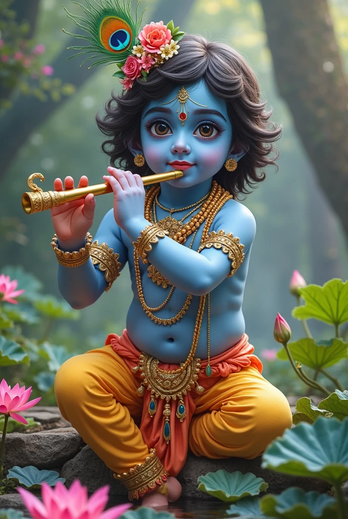 create a 3D realistic picture "A boy is worshiping Shree Krishna and Shree krishna is sitting on a swing and playing flute and "Arjun" is written on the boy's t-shirts and the boy is worshiping.