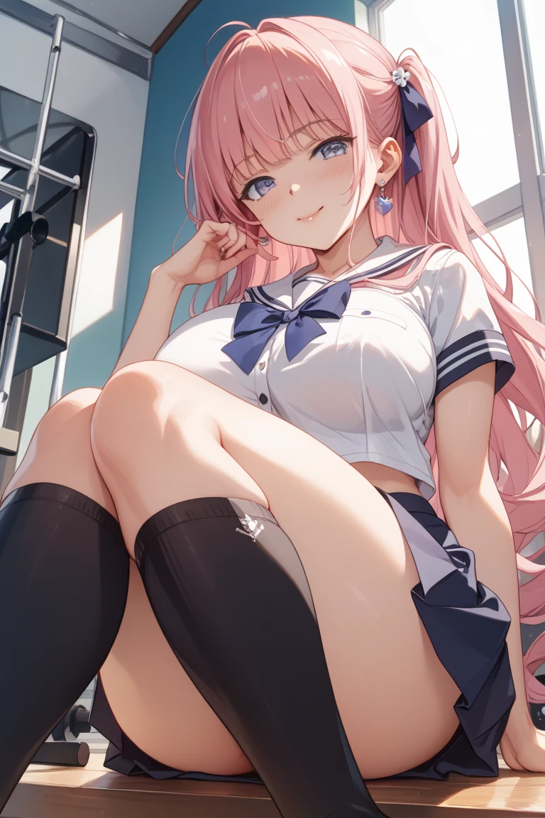 nodokaharamura, nodoka haramura, blue eyes, hair bow, long hair, pink hair, bow,
BREAK blue skirt, kiyosumi school uniform, pleated skirt, school uniform, serafuku, skirt,
BREAK looking at viewer,
BREAK indoors, classroom,
BREAK (masterpiece:1.2), best quality, high resolution, unity 8k wallpaper, (illustration:0.8), (beautiful detailed eyes:1.6), extremely detailed face, perfect lighting, extremely detailed CG, (perfect hands, perfect anatomy),(white panties:1.5), small breasts, (sitting on floor), skirt lift, smile, leg up, spread legs, (short, tiny, little:1.5), open mouth, from below