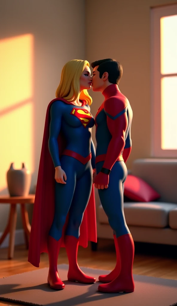 Super girl is giving birth to superman’s baby, she is in labour, he is holding her, intimate, bare belly, super-man is holding her, the baby is crowning,