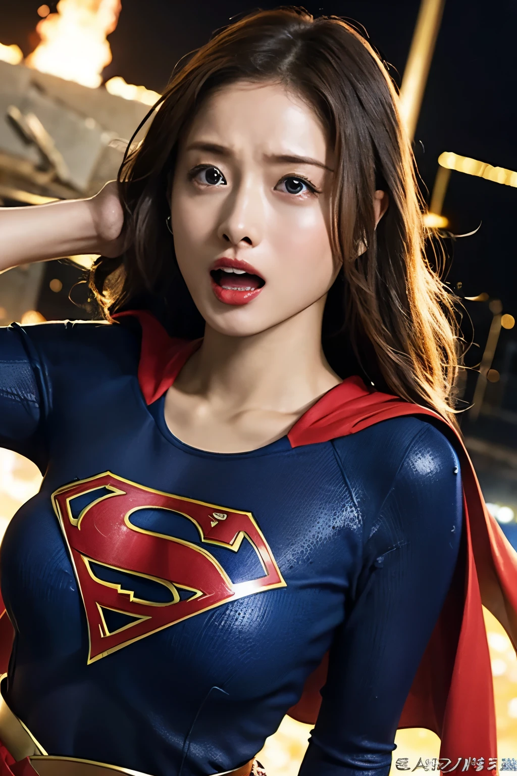Supergirl, Powerful roundhouse kick, front, whole body, Desperate look, Serious, Night City, Sweat coming out of the body