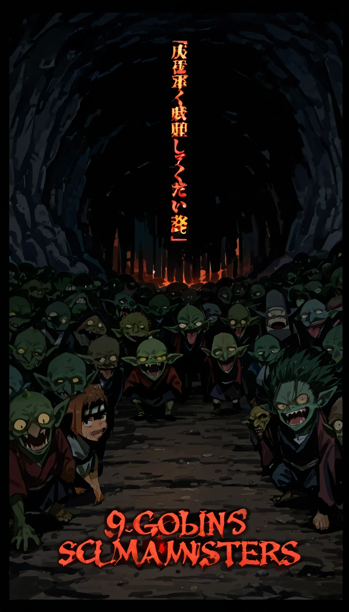((one samurai))), cave basement, high quality, score 9, score 8 up, score 7 up, (((multiple goblin monsters, group))), goblin monster, creepy goblin, goblin clinging to samurai, perverted goblin, background filled with goblins,