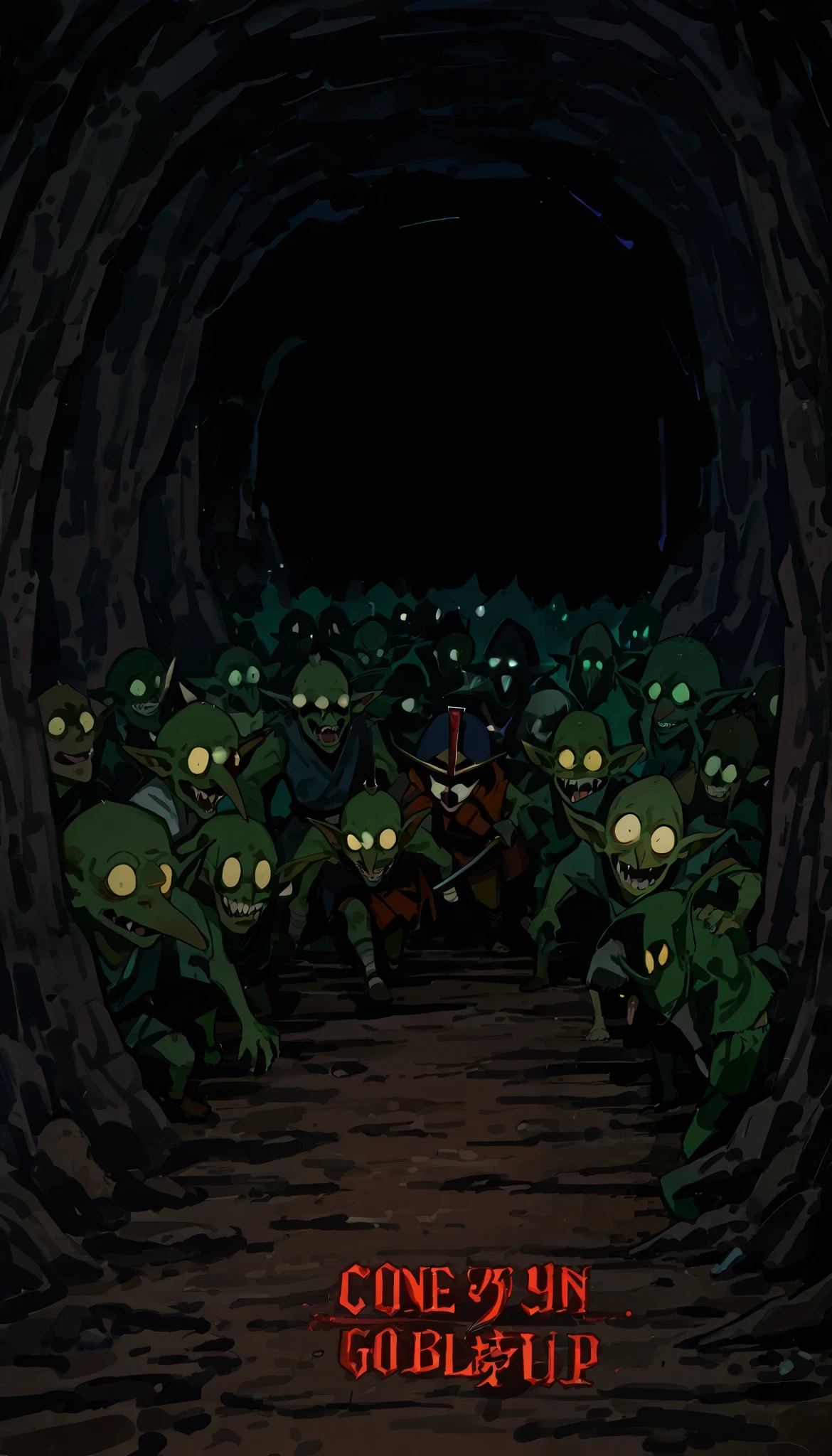 ((one samurai))), cave basement, high quality, score 9, score 8 up, score 7 up, (((multiple goblin monsters, group))), goblin monster, creepy goblin, goblin clinging to samurai, perverted goblin, background filled with goblins,