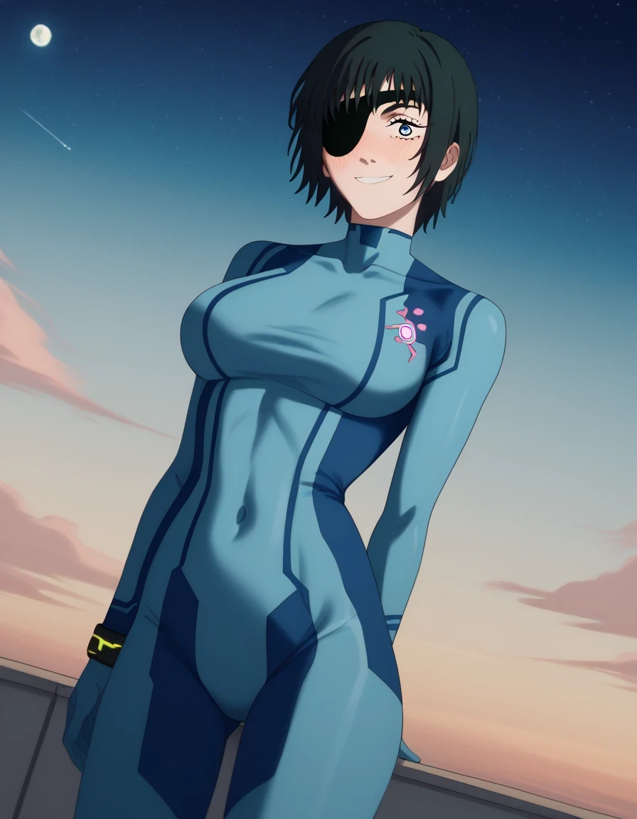 score 9 、score 8 up、score 7 up、source anime、masterpiece、top quality、high resolution、high image quality、1woman、、hymen、hymen (chainsaw man)、Alone、black hair、blue eyes、Short Hair、eyepatch、Big Breasts、very large breasts、、Samus Aran cosplay、Samus Aran \(cosplay\)、blue bodysuit、bodysuit、covered navel、covered midriff、covered stomach、covered collarbone、covered thighs、skin tight、Zero Suit、space、Planet、earth \(Planet\)、Star \(sky\)、galaxy、nebula、moon、blush、smile、looking at viewer、woman's focus、cowboy shot、dutch angle shot、