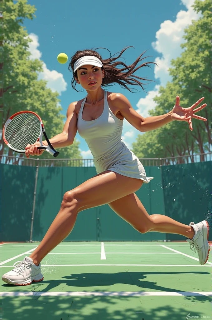 Masterpiece, tennis player, 1 girl, on the tennis court, Racket in hand, Short top, short skirt, erected nipples, small breasts, Full-length, naked legs, panties under the skirt, Angry look