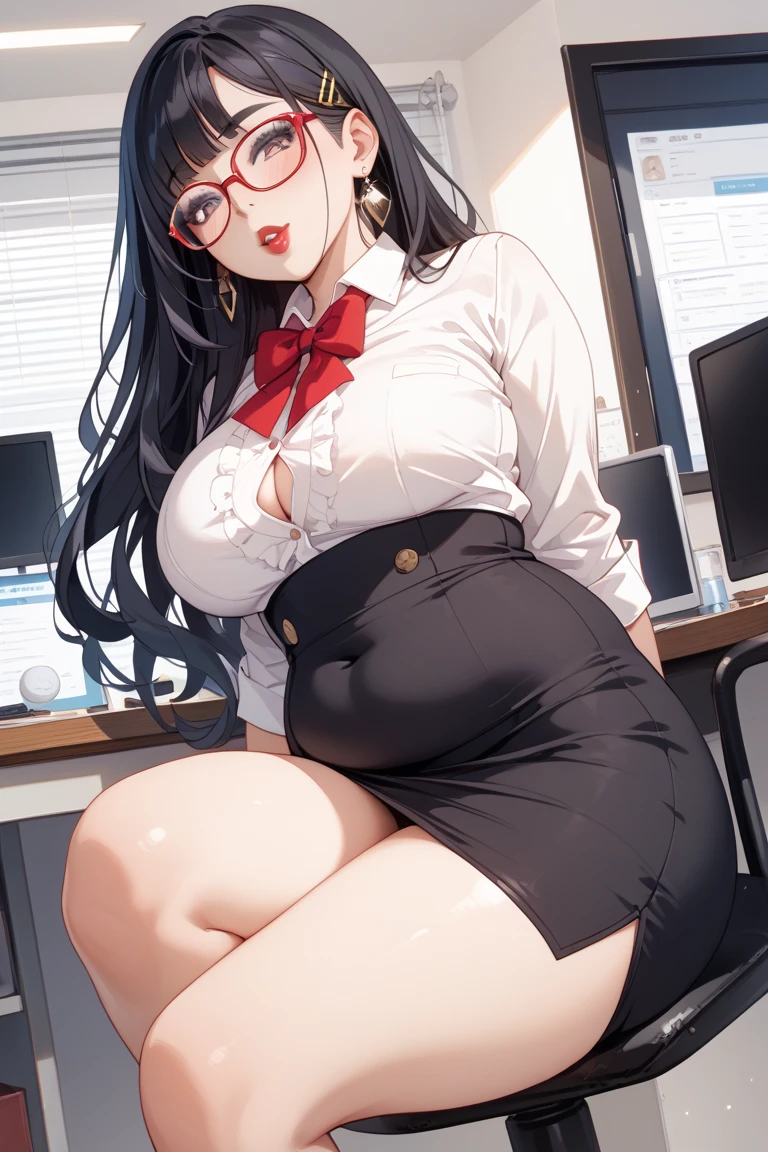 ((highest quality)), ((masterpiece)), (detailed), One girl, Black Hair、Semi-long hair、Asymmetrical bangs、In a suit、Big Tits、Sweating、Tired face、Within the company、Sitting at a desk、Loosened tie、With legs apart、Underwear is visible、Lace Underwear、Square silver glasses、Dark Eyes、Exposing cleavage、Crying、Tears flowing、Thick thighs、