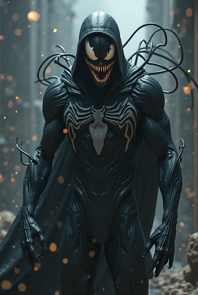 「Iron Man's armor standing in the darkness、Completely infected by the Venom symbiote、It has changed into a horrible shape。The whole armor is、Covered in pitch black symbiotes、Loss of metallic luster。On the surface of the armor、The symbiote wriggles like liquid.、It's like a living thing is moving.。The black Venom symbiote spreads fluidly across his chest.、Iron Man's iconic arc reactor is shrouded in deep darkness.、It emits a strange light。
On the shoulders and arms of the armor、Sharp symbiote claws protruding、Black tentacles stretch out from its wrists.。These claws and tentacles、Pierces Iron Man's armor、It appears to cut through the space around it.。Especially on the arms、The symbiote's protrusions, like sharp blades, protrude from it.、Like a predator trying to catch its prey。
From the chest of the armor、Venom's mouth opens wide、Sharp fangs peeking out。Black liquid drips from the mouth、It has an eerie presence that inspires fear.。In the eye area、Venom's distinctive white eyes glow eerily.、Combined with the surrounding darkness、It exudes a cold, intimidating presence.。
In the background、The ruins of a ruined city spread、It shows buildings collapsing amid thunder.。The rain is pouring down、The black symbiote shines through the surface of the armor.。The whole scene is filled with overwhelming darkness and fear.、The image highlights how Venom is the terrifying overlord of darkness who controls Iron Man's armor.。」