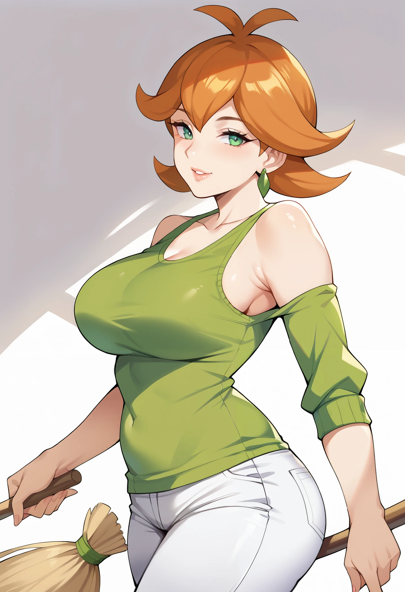 Dexter Mom from the series Dexter's Laboratory, Red hair, short hair, green blouse, unbuttoned blouse (you can see her naked breasts), green yoga pants pregnat