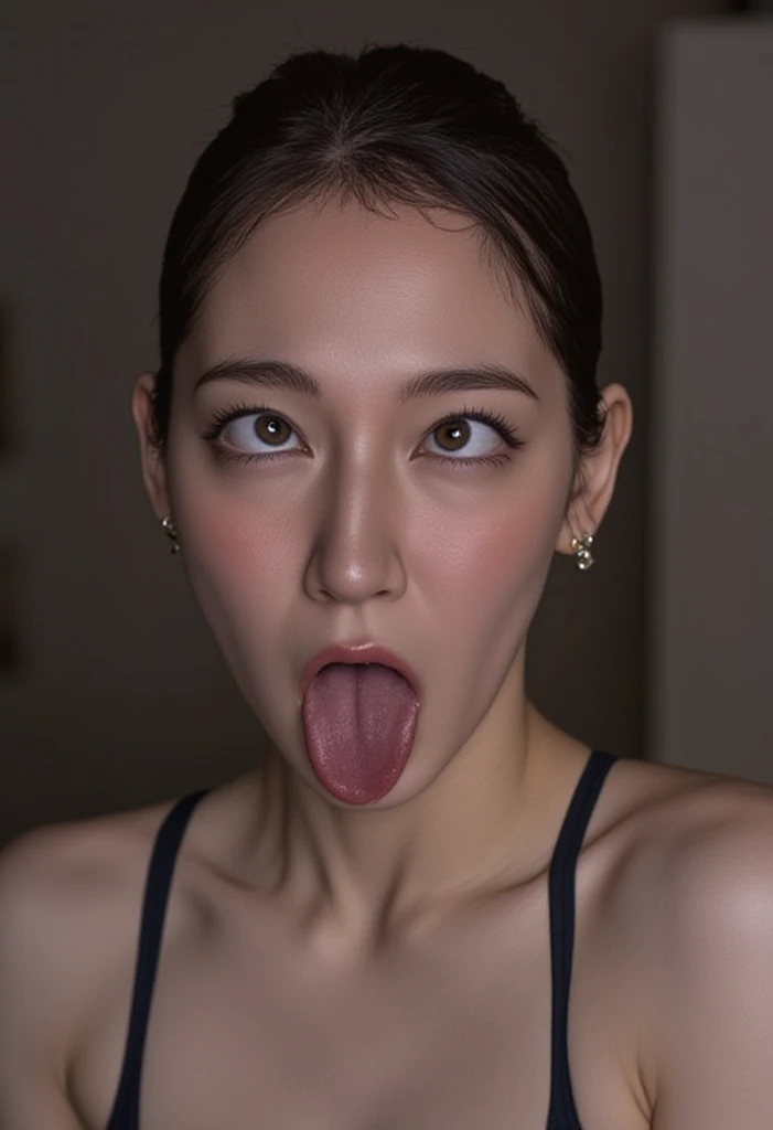 ((highest quality)),(超A high resolution),(Very detailed),(Detailed Description),((The best CG)),(masterpiece),Very detailedなアート、(highest quality、8k、32k、masterpiece)、(Realistic)、(Realistic:1.2)、(High resolution)、Very detailed, (Close-up face:1.6), Very beautiful face and eyes, Big eyes, 1 female、Tight waist、Delicate body、(highest quality、Attention to detail、Rich skin detail)、(highest quality、8k、Oil paints:1.2)、Very detailed、(Realistic、Realistic:1.37)、Bright colors、(Casual Fashion:1.3)Glare, Frowning, jitome, Frowning, Ahegao,(( Long Tongue, Verbal invitation)), Textured skin,