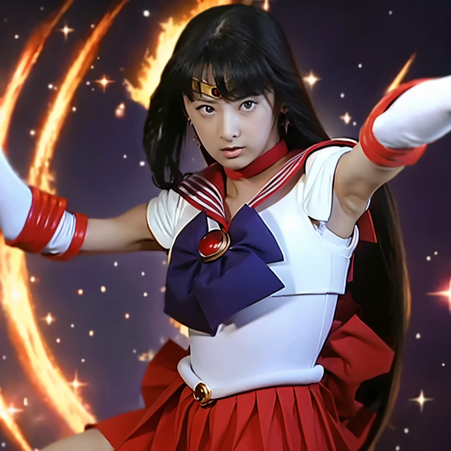 keiko kitafawa open thighs,shoot from below,camel toue,sailor senshi uniform, red sailor collar, red skirt, elbow gloves,fire back,