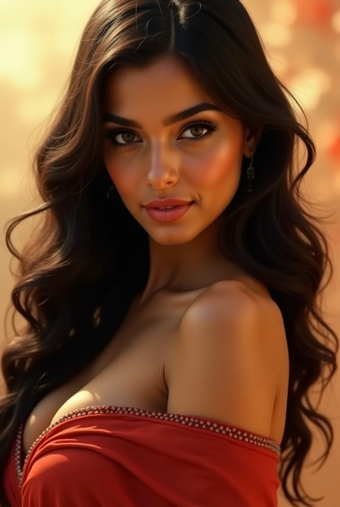 Woman wore red dress torn in flames. Completely Arafed woman with green eyes, eyes open and head held high. Confident pose, confident pose, beautiful young black woman with dark skin, Brazilian mixed race black woman, beautiful 30 year old Afro-Latina girl, beautiful African and Latin woman, Brazilian and Angolan descent, a black woman, mixing African and indigenous features, a unique mix of indigenous, African and European ebony. The hair is extremely curly, with well-defined and voluminous curls. The natural texture. Her hair is long, falling in voluminous waves around her shoulders and down her back. The hair has a lot of volume, creating a full, dense appearance. The hair is red, a shade of red. green eyes, eye is green, expressive green eyes, beautiful green eyes, realistic green eyes, detailed green eyes (eyeliner, long eyelashes). Perfect eyebrows and they are thick. the nose is small and proportional, beautiful face. Attractive and irresistible mouth, well-defined lips, full lips, voluminous lips, seductive lips. The face is oval, with high cheekbones and a well-defined chin, a beautiful and detailed face. Professional, dramatic makeup, a more impactful look with shadows that accentuate the captivating look, striking makeup, with eyeliner, black lipstick. Skin tone: Olive skin, healthy and even glow, with olive skin, dark skin, sexy girl with olive skin, detailed skin texture, beautiful and glowing skin, intricate details, smooth skin, healthy and radiant appearance. A woman has a well-defined and athletic body. Her silhouette is shapely, highlighting a thin waist in contrast to fuller hips and bust. She has a prominent bust, with large, firm breasts, silicone breasts, voluminous breasts. Thin waist. The hips are wide and well-defined, with a pronounced hourglass shape and a large butt. The legs are long and muscular, with well-defined thighs. 50 mm lens, f/2.8, hdr, (8K) RAW photo, high quality resolution 8K uhd, dslr, 2k, 4K, 8K, 16K.