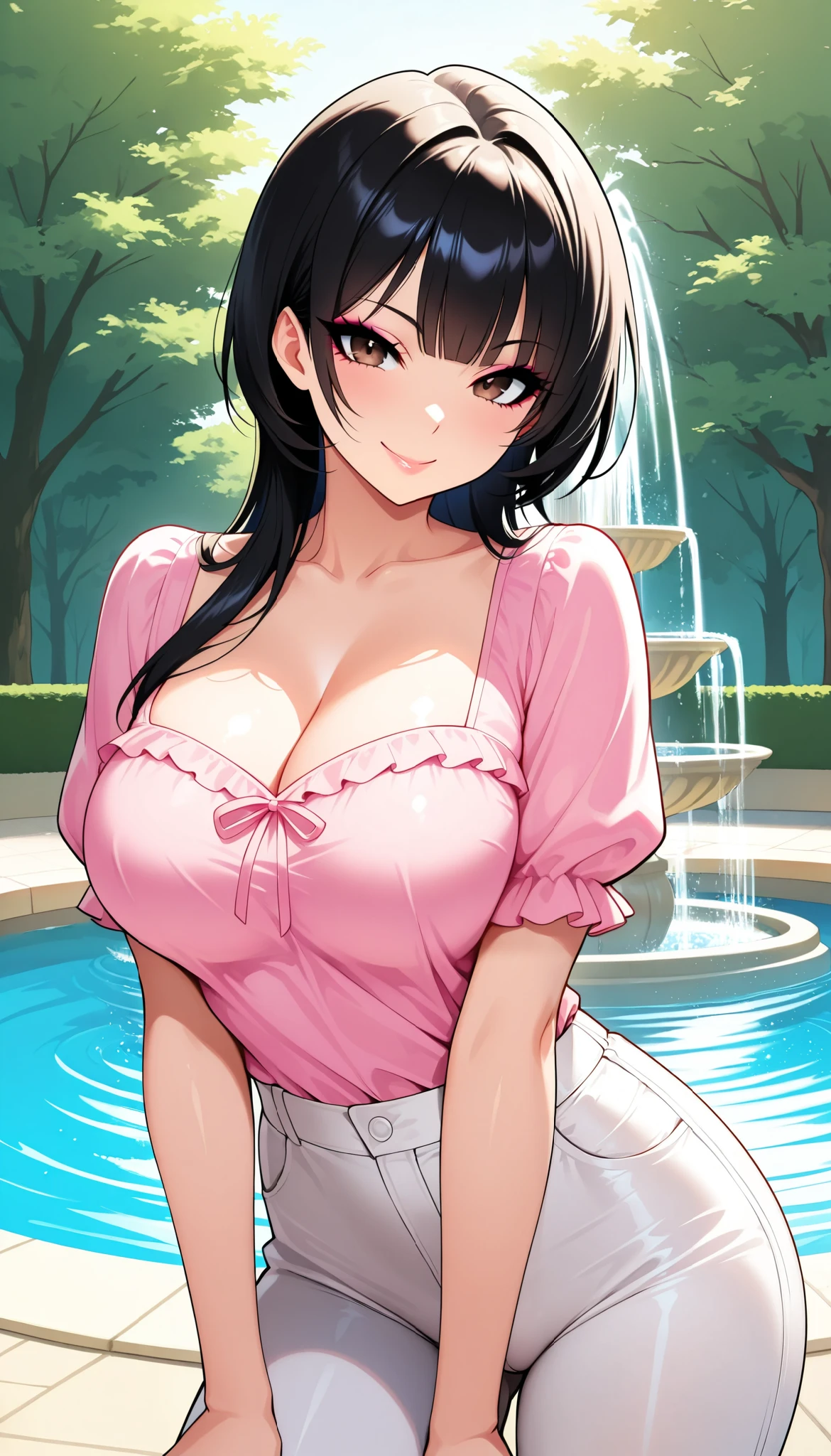 1 Beautiful Girl , sexy女優, slender body, Pure Bitch, (black hair, Princess Cut, brown eyes), pink blouse, white skinny pants ), ( Smile, sexyポーズ), beautiful shining eyes, glossy lips , very detailed目と顔, long eyelashes, (squat, older), cowboy shot:1.2, sexy, Fountain Square, (top quality:1.2,very detailed,CG illustration,masterpiece:1.2,best aesthetics),