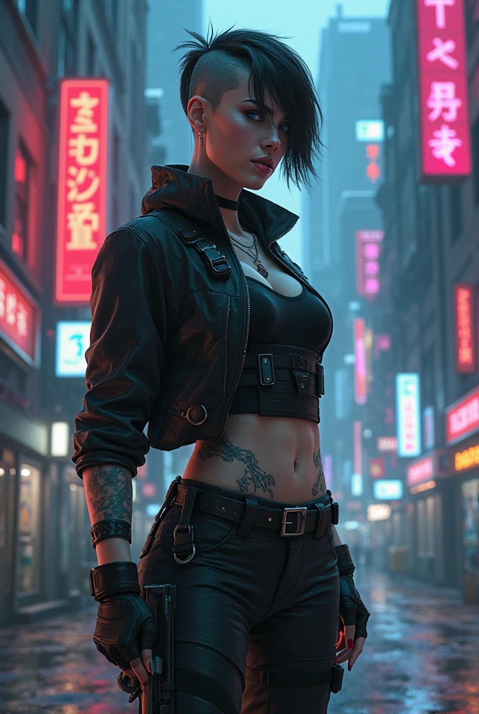 Portrait masterpiece, face closeup, best quality, ((smiling)) naked girl, Cyberpunk boots, wide open jacket, no bra, body tattoo, fully naked, leaning against a car, exposed breasts, hard nipples, eye-catching accessories, trendy and innovative hairstyle, dazzling Cyberpunk cityscape, skyscrapers, neon signs, LED lights, bright and vivid color scheme, anime, illustration, detailed skin texture, beautiful detailed face, intricate details, ultra detailed, cinematic lighting, dark shadows.