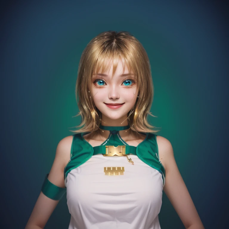 white dress, scattered vibrant hues like an artist's palette, short hair, bob cut, pale pink or golden hair, natural pose, background resonating a burst of pigments, beautiful eye, closed mouth, evil smile, female protagonist, young girl, bright green or emerald eyes, white one piece dress, light themed, mischievous expression, explosion of colors