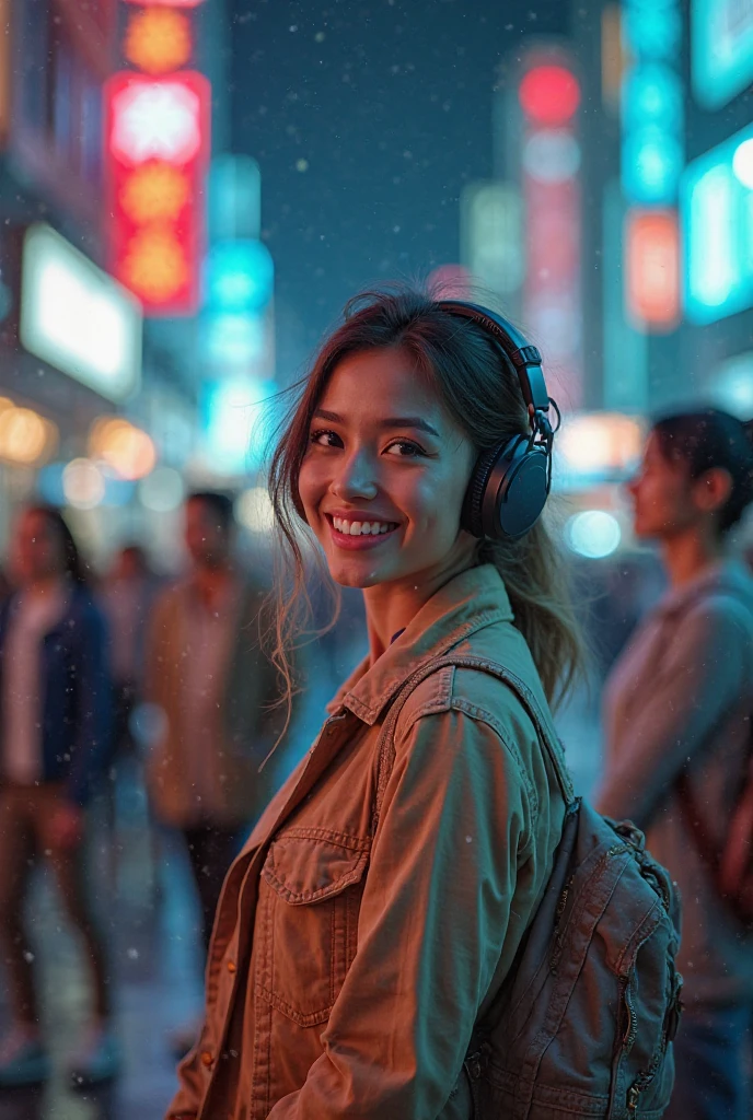Woman with headphones on the street at night, neon lights in the headphones and in the shop advertisements. Woman with light brown skin, long black wavy hair, blonde highlights in her hair. Smiling. Neckline. Black leather jacket, leaning on the wall.