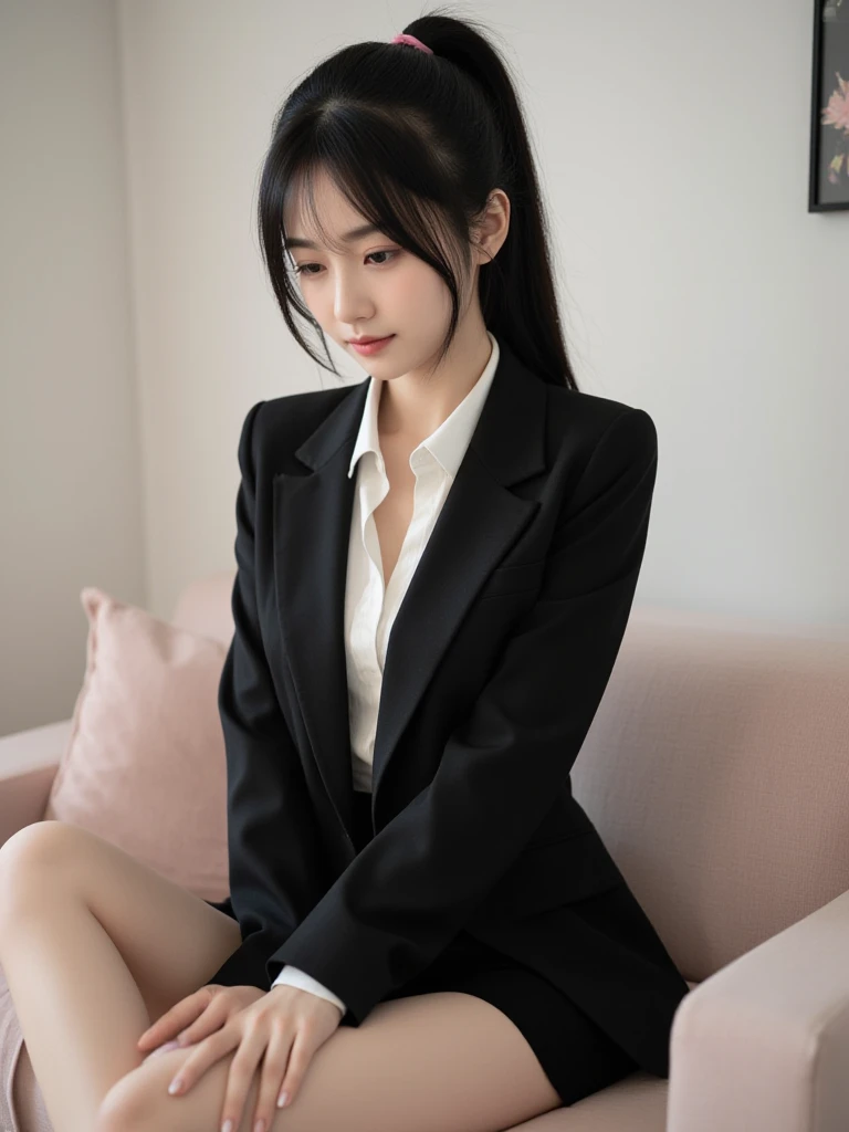 Elegant upper class elite secretary wearing business shirt, work in the office、엄격한 비즈니스 wearing a suit, Wear pantyhose、Wear quality heels、 girl wearing shirt, wearing a suit, wearing a suit, wearing a suit, merchant, business clothes, wearing a black suit, Wear a shirt and skirt, woman in suit, business attire, business attire, raw photo, (8K、top quality、masterpiece:1.2)、(intricate details:1.4)、(realistic:1.4)、octane rendering、Highly detailed representation of complex 3D renderings, studio soft light, rim light, vivid details, super detailing, realistic skin texture, detailed production, Beautiful eye for detail, Highly detailed CG Unity 16k wallpaper, assembly, (detailed background:1.2), naked to thighs!!!,