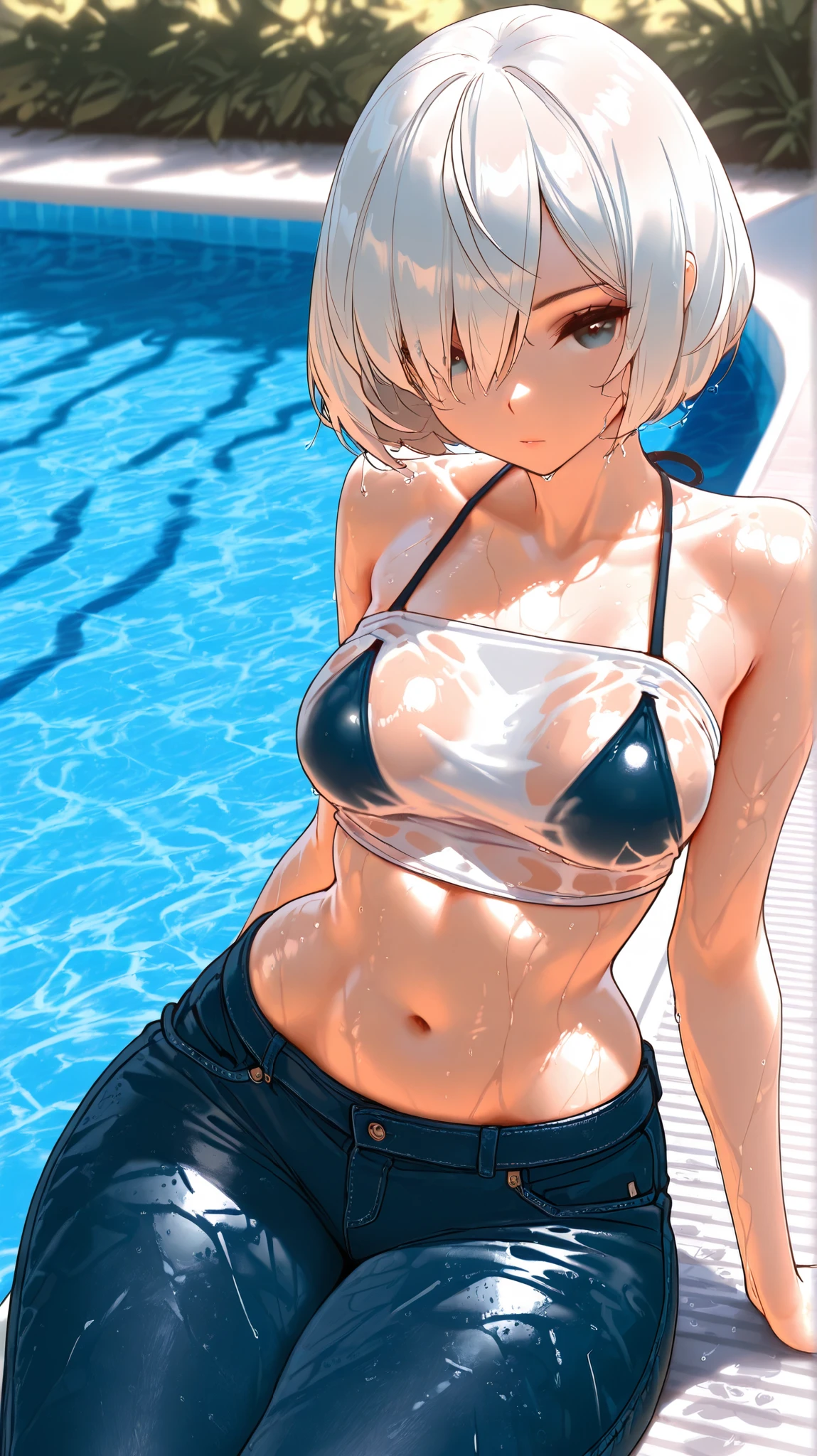 masterpiece, best quality, quality, YorHa No.2 Type B, looking at the viewer, sitting, short top, apenas_shoulder, medium breasts, wide hips, wet, shorts jeans, ( bikini under clothes ), Fresh-bodied , outdoor, by the pool, shadow