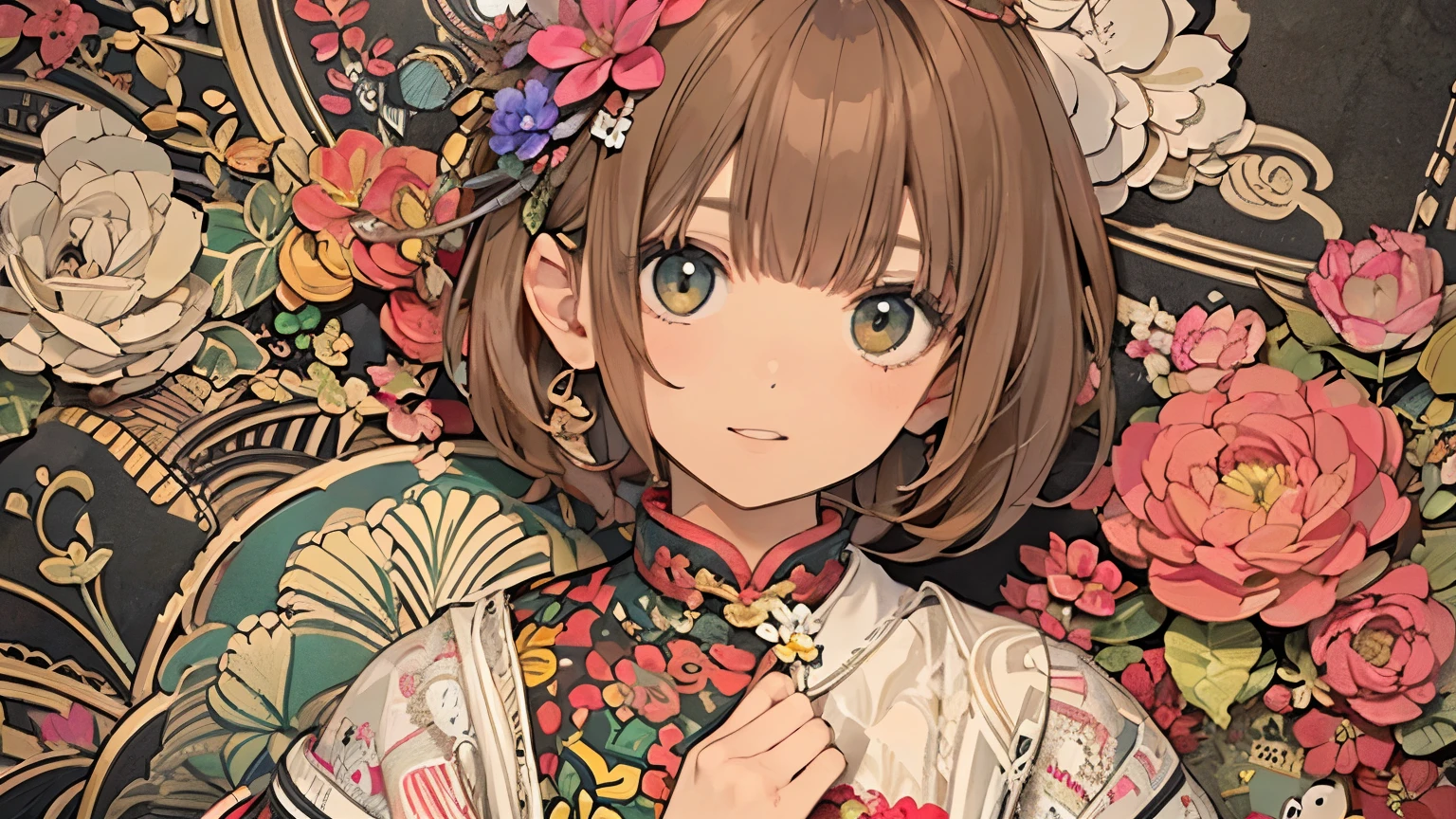 official art, wallpaper, very well detailed, (((very well detailedな目と顔))), shut up., masterpiece, top quality, Realistic Portraits, (ZenTangle, Mandala, Tangle, EnTangle), Complicated clothes, very well detailed, dynamic angle, making cheesecakes , elegant, brutalist design, vivid color, Romantic Chinese Flowers