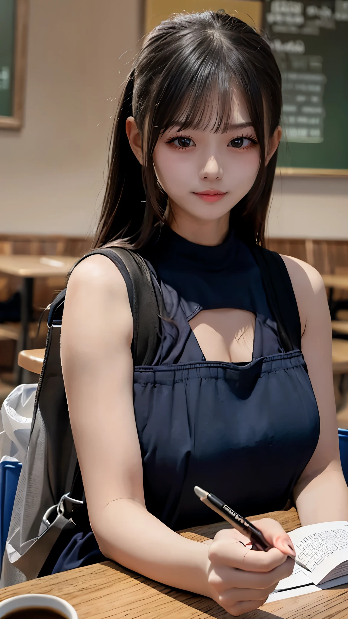 ((Dable Top)), (((Beautiful breasts on the tabletop, Breast bag, breasts on table))), (, Young FacHOOL GIRLS)、(Sleeveless Elegant Outfit、Pencil Skirt), black hair, (Beautiful Girl Sitting In A Stylish Coffee Shop)、((slender body line)), (detailed hands:1.3, perfect right hand:1.3, fine fingertips down to the smallest detail:1.1), top quality, 8k,  RAW photos , reality, Ultra Fine, (detailed eyes and face:1.2, professional photography techniques), (looks at the viewer, Mischievous Smile), (perfect anatomy:1.3)