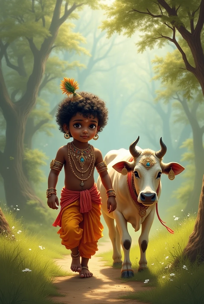 Realistic newly born lord krishna wearing beautifull clothes and all his accesories and is in hands of a 5'10 and skinny boy with clean shave face and brown skin colour wearing a jordan logo printed in front yellow hoodie and black cargo jeans and nike shoes (both are surrounded by cows) (beautiful) (flowers on ground)