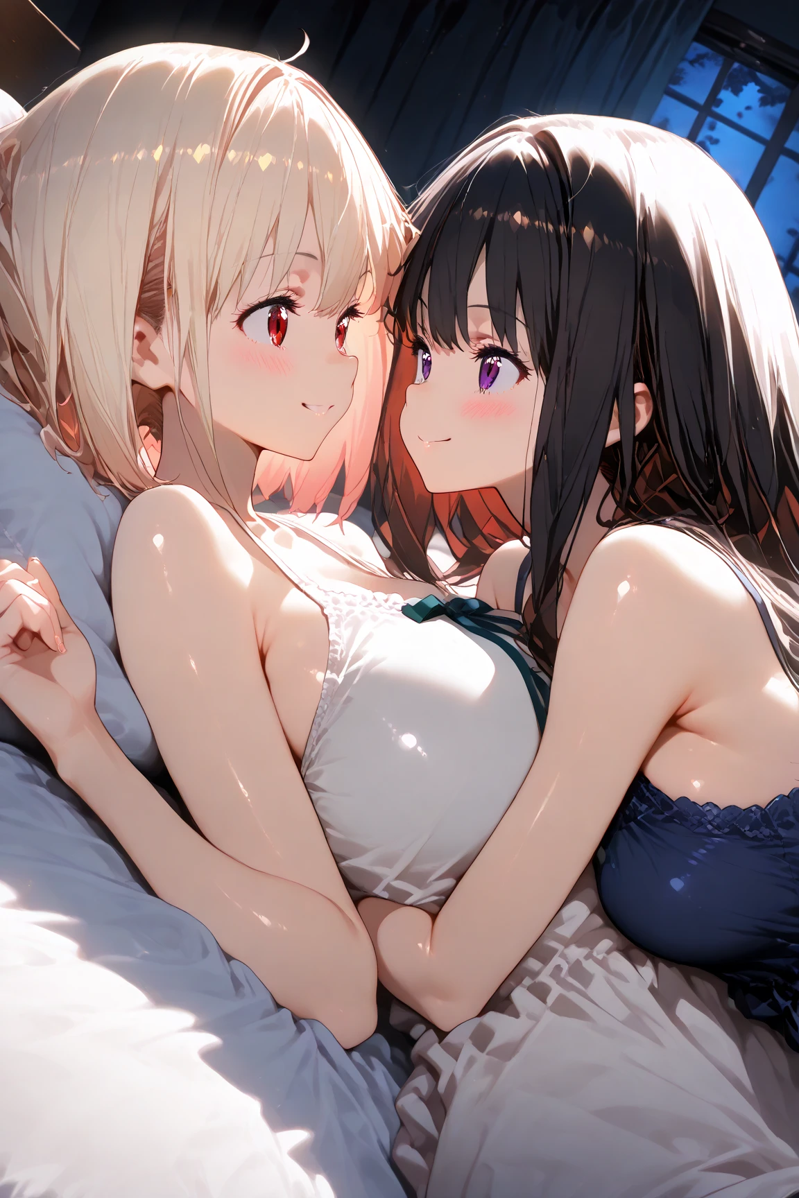 High-quality illustration, masterpiece, (((2 different!!! lesbian girls in bed)))(((!!look into each other's eyes with love and passion!!))); Stunning naked cute chubby girl with beautiful realistic natural very small soft teen breasts(very small teen breasts:1.5), whole body, thick brown hair to the shoulder blades, Big shiny brown eyes, long eyelashes, Glasses, plump sensual lips, delicious plump little naked body, short stocky torso, plump naked belly, I don't wear panties because I don't want to, I don't wear a bra because I don't want to, rounded split hips, open legs, (severe estrus, vaginal splashes, pre-orgasmic state, Strong ecstasy:1.5), beautiful naked long bare legs, beautiful hands with graceful fingers; лёжа рядом с подругой на постели Looking at each other((random appearance of a friend:1.4)), (different emotions of a friend), lust, kisses, active caresses, touch the clitoris with your fingers, touch each other's breasts, touch pussy with fingers, active interaction between girls, (Looking at each other), stroking girlfriend's crotch, caress your friend's nipple with your finger, bringing each other to orgasm, lesbian sex, high quality rendering, realistic anatomy, 8 K, ((((Don't look at the camera!!!))))