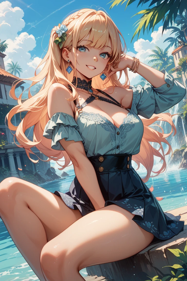 masterpiece、Background with((sea side、sand beach))、a beauty girl、Colossal tits、Highly detailed embroidery on the dress、a miniskirt、