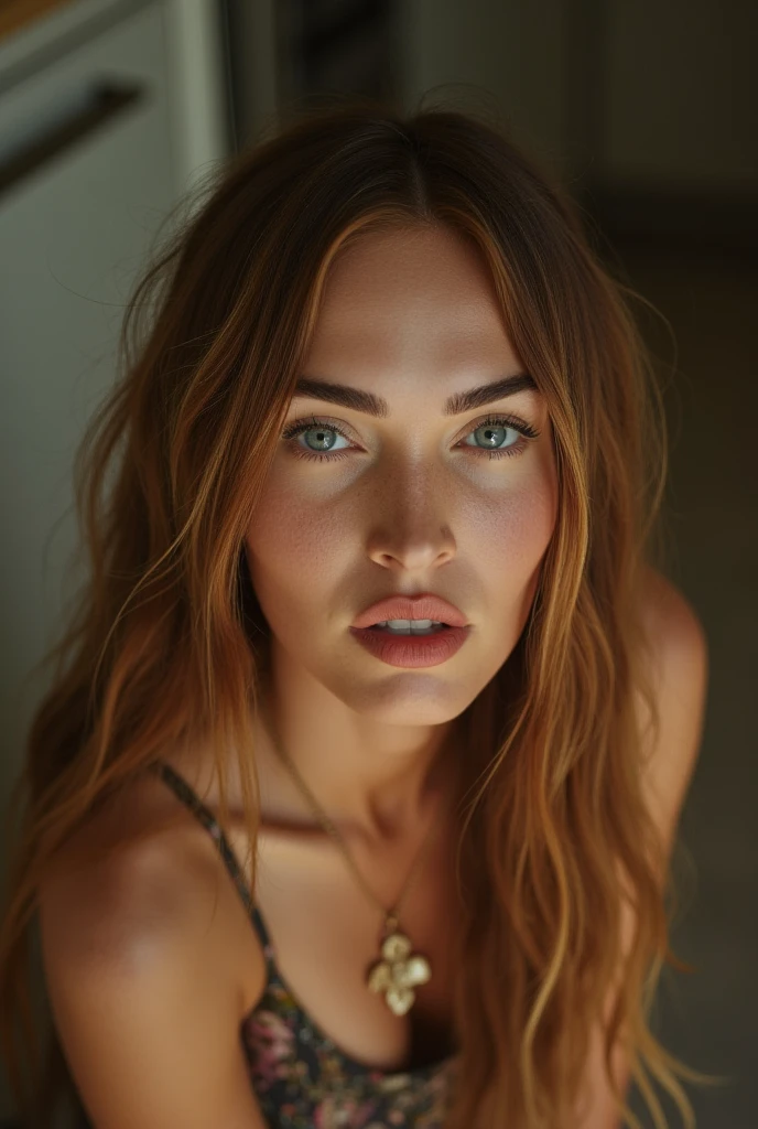 Eine Frau, 26 Jahre alt, with dyed red hair in a pigtail, Mischung aus 10% Megan Fox und 15% Gal Gadot und 20% Blake Lively, 172cm height, 68kg Gewicht, clear green eyes, lange Wimpern, perfekt geformte Augenbrauen, slim and well-defined body, curvy body, elegant thin nose, kleine Ohren, vollen Lippen, White teeth, kleine, weiche, ladylike hands, painted fingernails, wears black lingerie, high resolution, Meisterwerk, best quality, komplizierte hohe Detailgenauigkeit, Sehr detailliert, scharfer Fokus, detaillierte Haut, realistische Hautstruktur, echte Hautstruktur, Realistische Textur, Fachmann, wahres Leben, ultrarealistisch, Fotorealismus, Fotografie, realistic Fotografie, UHD, Foto RAW, drinnen, Sitzt in einem dunklen Raum mit schwarzem Interieur, weniger Licht