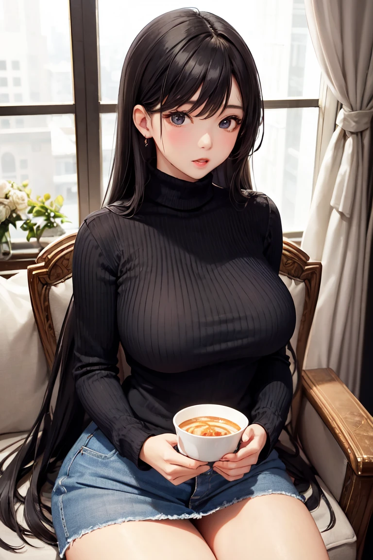 (masterpiece:1.4)、(highest qualthaty:1.4)、ultra high resolution、20 year old woman、black long hair、Blunt bangs、earrings、Beige sweater、skirt、(huge breasts:1.1)、red face、smile、that'It's snowing、Cafe、sthat、window、Coffee cup、Natural light、Deep shadow lighting、slender body shape、Big Breasts、Perfect proportions、Perfect beauty、Two-dimensional beautiful girl、smile