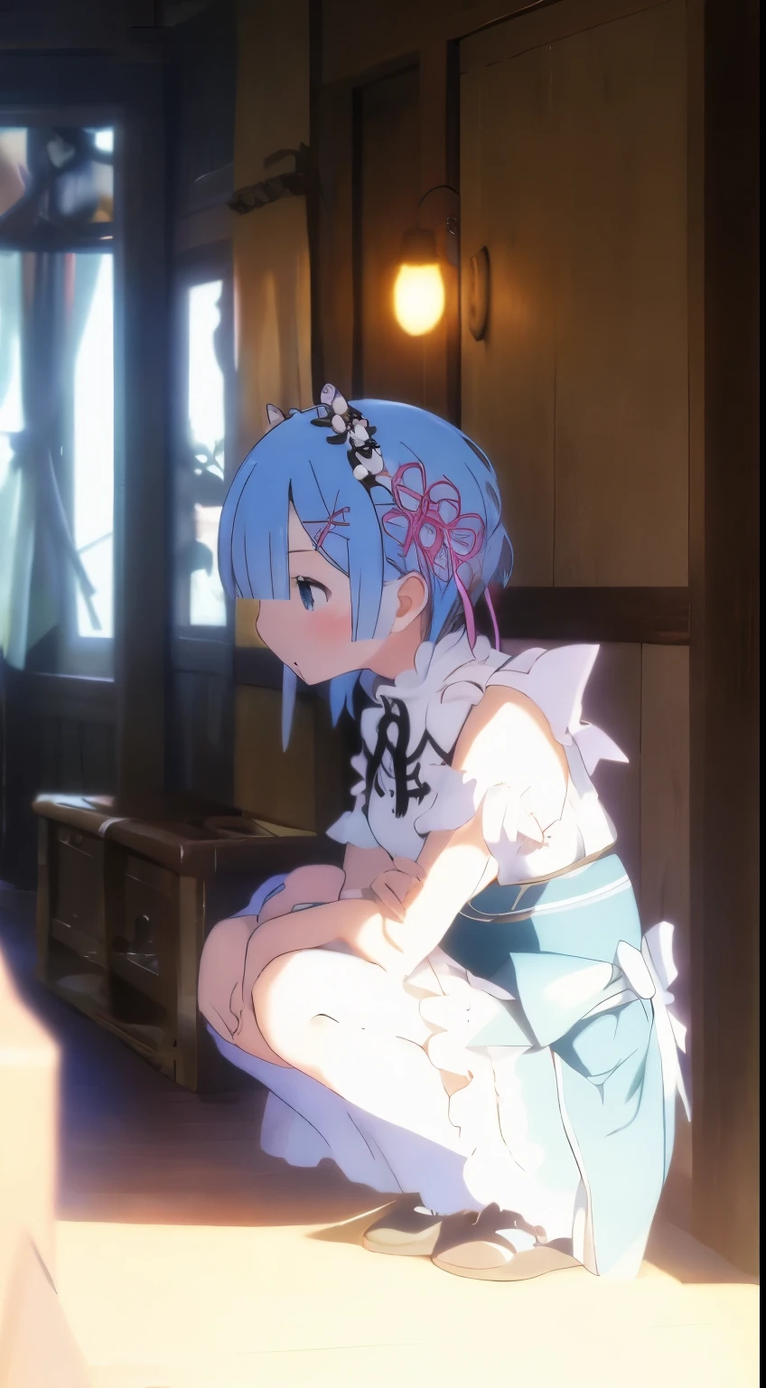 Re.Staynight、Remu、lightblue hair、The whole body is shown、maid clothes、fullnude