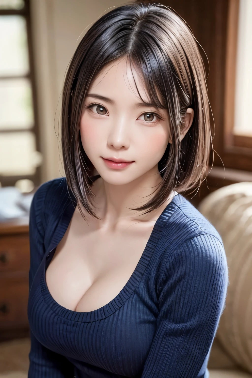 (masutepiece:1.4, top-quality:1.4、Add intense highlights to the eyes:1.4、short shiny hair:1.4 ),1girl in, 独奏, short dark hair, scarf, Hats,, realisitic, looking at the viewers, brown eyes of light color,, shorth hair, coat, Winter clothes, White headscarf, s lips, lipgloss:1.4，bangss,a closed mouth, The upper part of the body、big eye、Lashes、((Street))、((Shorthair with bangs:1.4、big eye、Put very strong highlights in your students、{Gigantic|Big|Huge|Mega} breasts, cleavage、very Bigger breasts、gazing at viewer、Very beautiful beauty、Put your ears out、long neck、little smiling、Close your mouth and smile)))、Beautiful adult woman full of charm:1.4、(Autumn leaves are blue without people or cars々tree-lined street)