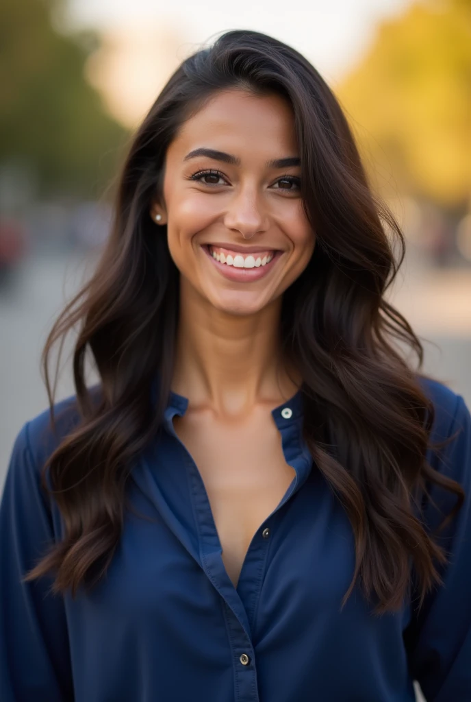 (photorealism: 1.2), sexy black girl a little curvy and hot in a sexy dynamic pose. raw portrait photography, hyper realistic and detailed face, complex and realistic skin texture, hot body, athletic body, brazilian, smiling, full lips, long hair, tanned, wearing a blue t-shirt at the airport