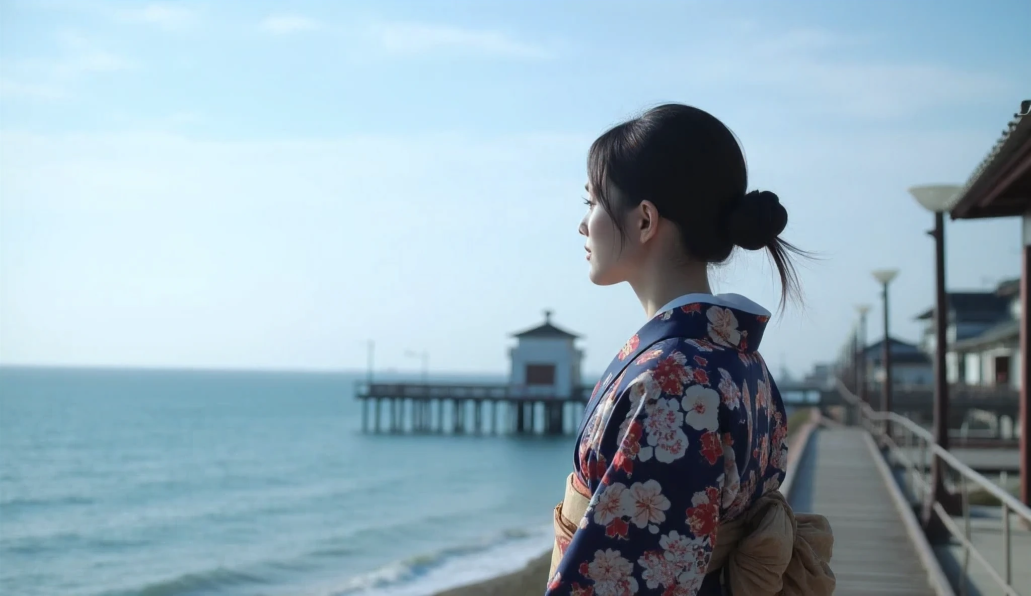 A Japanese woman in her 40s standing at the port