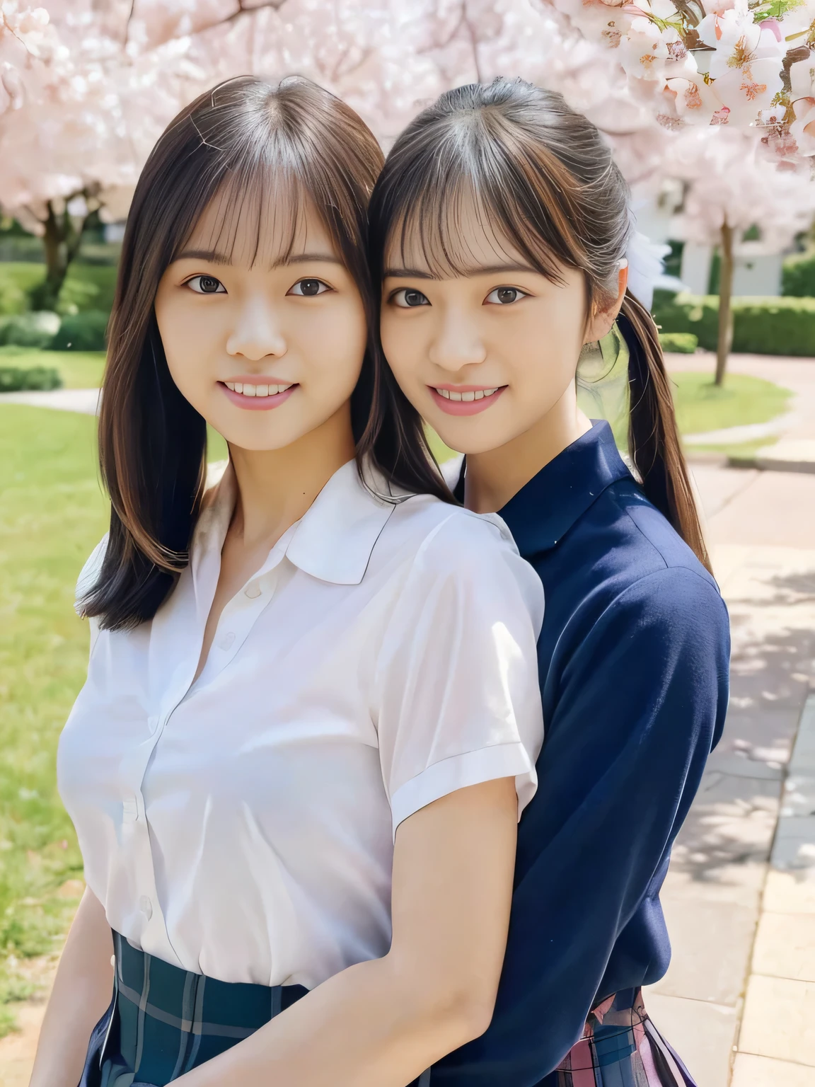 (((School yard 1 .0)))(((scenery with cherry blossoms in the background 1.0)))(((cherry blossoms in full bloom 1.0)))(((Cherry Blossom Fubuki 1.0)))、(((Portrait of a lesbian couple )))、(((best image quality、highest resolution、greatest masterpiece、8k)))、(((detailed face)))(((cute face)))(((Baby Face)))(((Young contour)))((( Lovely facial features)))、((( Blizzard 10 )))(((model figure)))((( Perfect pose line)))、(((Big Breasts 1.0)))(((large cleavage by lapis lazuli 2.5)))(((captivating collarbone 1.0)))(((nsfw)))、(((long straight hair)))(((5 long twin tails.0)))、(((Schoolgirl uniform 1.0)))、(((School-designated student blazer 1.0、collared blouse shirt、pleated skirt 1.0)))(((dynamic posing)))(((random posing)))(((dynamic back hug shot 5.0)))、(((hugging lovingly from behind 2.0)))(((seductive back hug shot 2.0)))、(((Smiling with corners of mouth turned up)))、(((lesbian couple shot)))(((Good lesbian couple)))