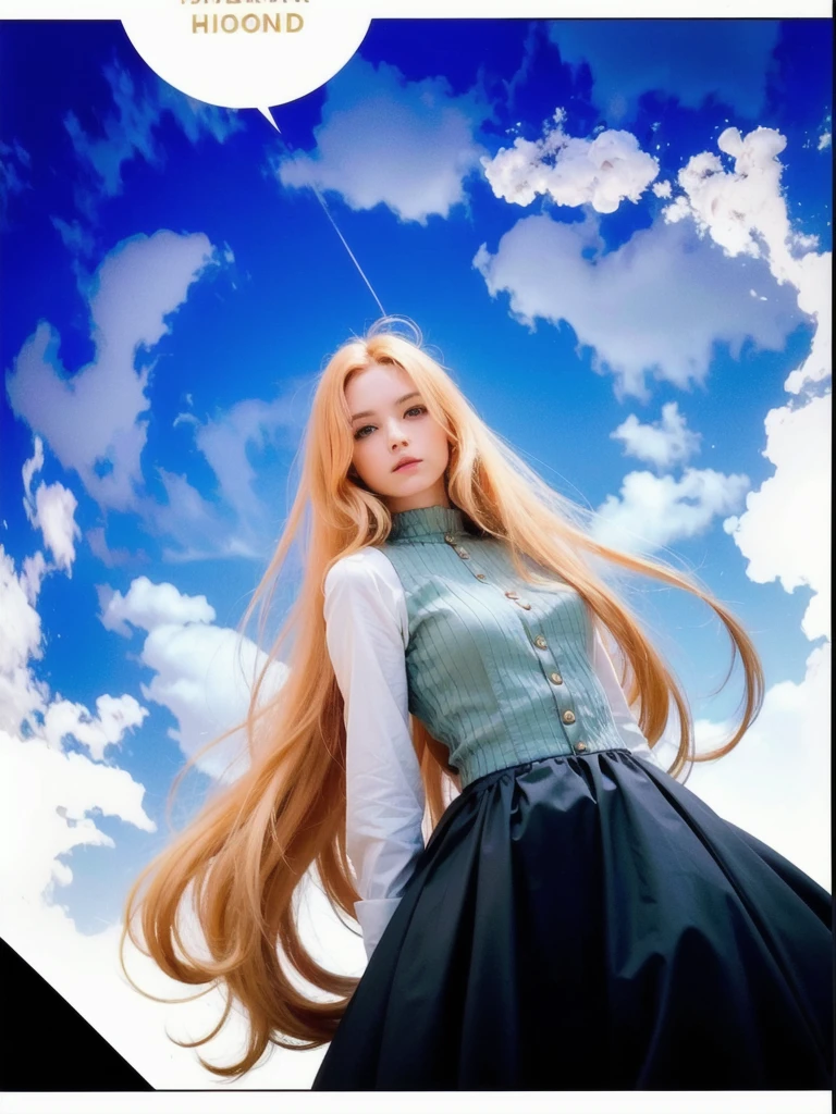 "(Best picture quality、A masterpice), white backgrounid, Ultra-thin paper，Sparkling, Beautiful and tasteful, The wind blew for a long time，ssmile, curly blond hair, Vivid and stunning，Scottish pleated skirt，Greater wind，The wind blows hair，Floating hair，Static clothes，Short sleeved bodice，extra very long hair，12 meters long hair，Hair grows to the floor，Correct limbs，fully body photo，standing on your feet，white short sleeve，Cross your hands at your waist，mid day，Sunnyday"
