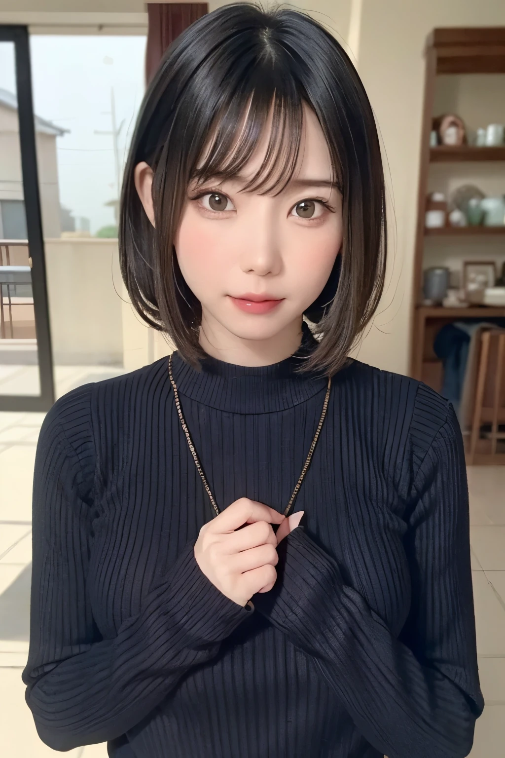 1girl in、24 year old、A dark-haired、Shorthair、BLACK casual dress