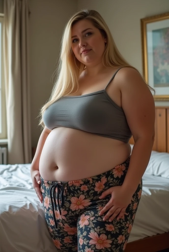 Femme très grosse, assise dans des coussins, Makima, bbwchan, cheveux rouges et yeux jaunes, double menton. Son gros bide sort de son pantalon, elle le carresse avec ses mains. Button pop. Ventre en boule sous le jean. Elle porte un short en jean trop petit et un haut en dentelle, belle lumière sur elle, magnifique femme obese, visage très gras et double menton