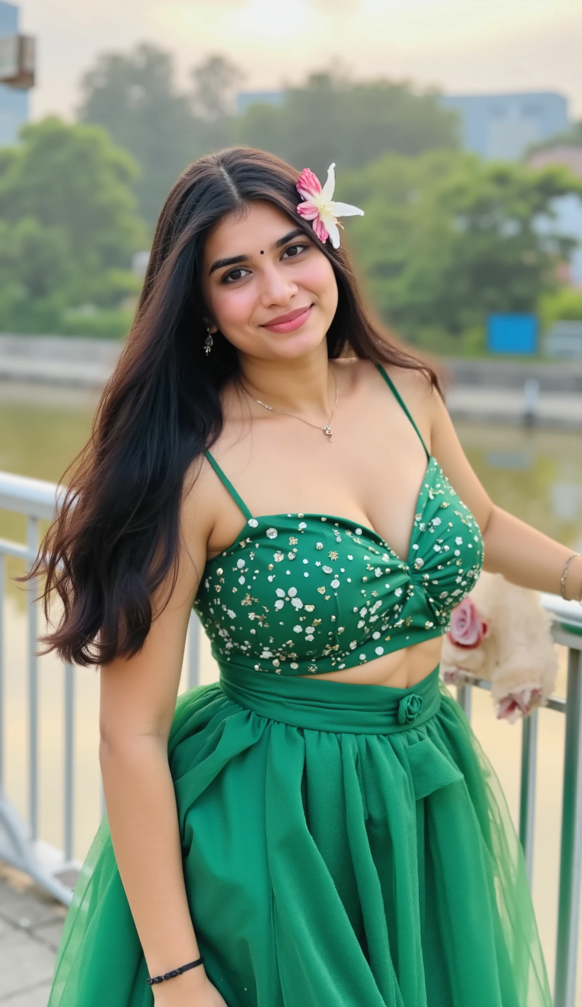 8K, ultra hd, masterpiece, very realistic, 1 girl, good face, very long hair, detailed eyes, detailed lips, super round medium breasts, Short Strapless Tulle Beads Prom Dress Green Mini Elegant 3D Flowers, ((pink,red,blue,black,green,meroon,purple,yellow colour random dress)), ((High resolution Dress Quality)), diamonds, jewellery, necklace, earring, lake, landscape, sitting, Bridge, Forest , standing in lake water , legs in water, Pine trees , Perfect body figure, Beautiful Smile, Cinematic photography, Sexy angles, Stylish poses, 4 Different poses, k , high resolution picture quality, very clear body figure, Flowers in hand, Flowers on Hair, walking in water, waterfalls,Bbw Pakistani,(big booty) (face here) Plus size bbw big ,grass, (wide booty)insanely inflated hips,Thick body ,fat body , curve shap body, widest hips , thick hips ,widest breast,  thick breast
