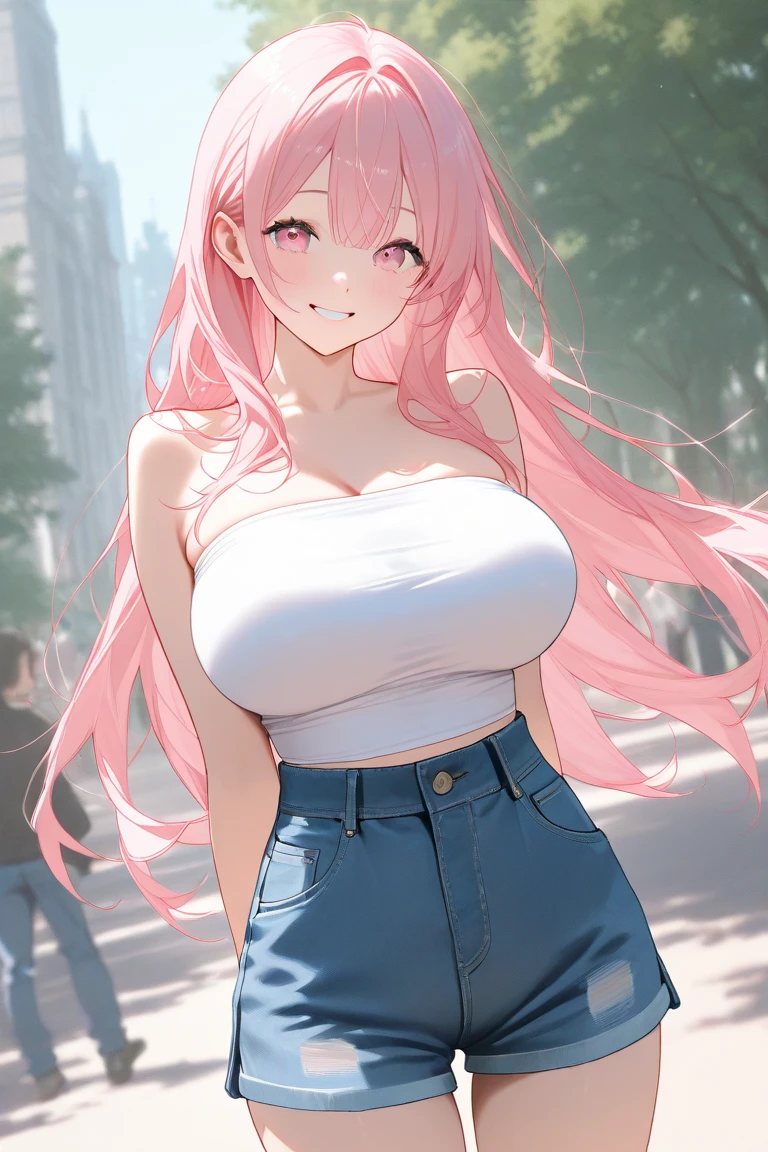((best quality)), ((masterpiece)), (busty), animation style, best quality ,alone , (milf), (big bust , wide hips:1.3),portrait, very detailed, pretty face, complete anatomy, pink hair, Perfect hair, forehead, shirt, jacket, jeans, weapon, Try it yourself , possession, blue background, fortnite,