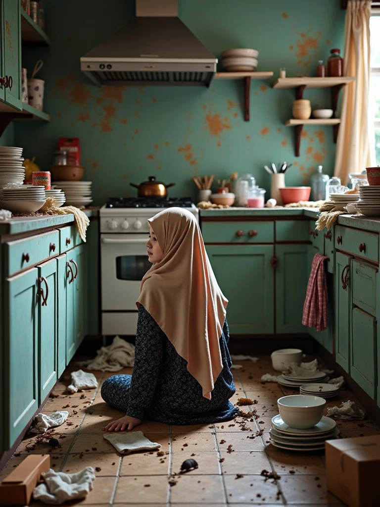 a malay girl, wearing a hijab, in the kitchen of a bad and poor wooden house, the girl is cute hot, the girl wears an apron but is naked