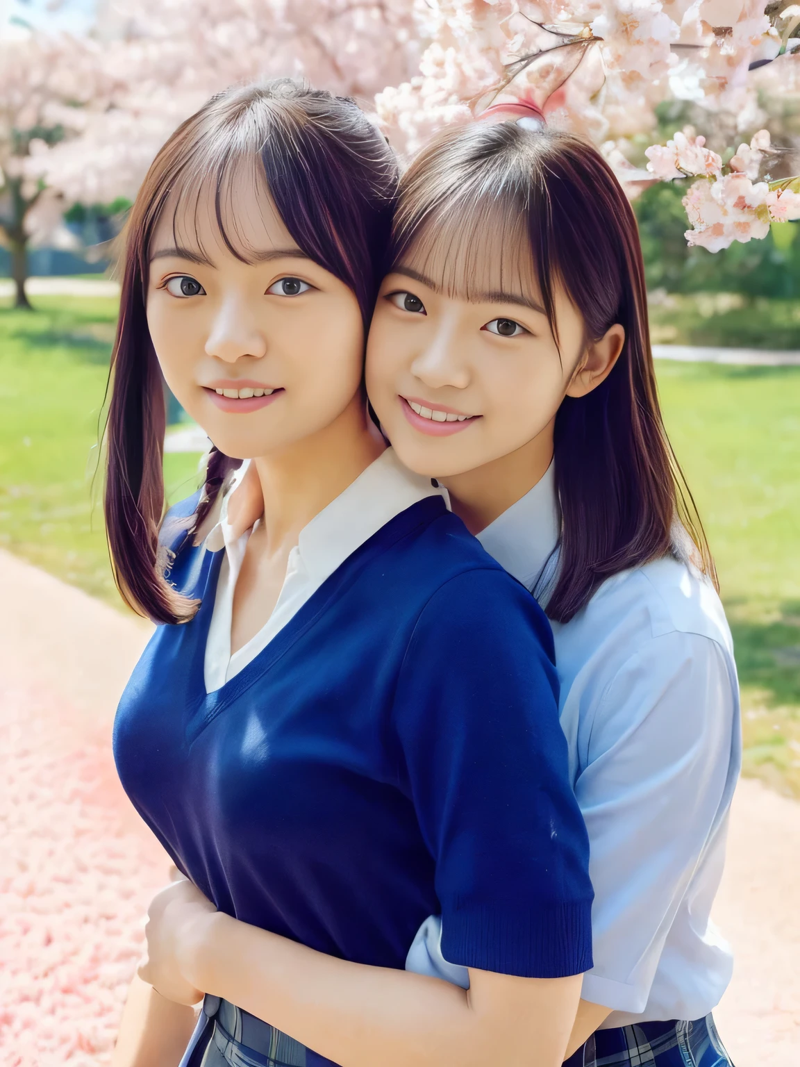 (((School yard 1 .0)))(((scenery with cherry blossoms in the background 1.0)))(((cherry blossoms in full bloom 1.0)))(((Cherry Blossom Fubuki 1.0)))、(((Portrait of a lesbian couple )))、(((best image quality、highest resolution、greatest masterpiece、8k)))、(((detailed face)))(((cute face)))(((Baby Face)))(((Young contour)))((( Lovely facial features)))、((( Blizzard 10 )))(((model figure)))((( Perfect pose line)))、(((Big Breasts 1.0)))(((large cleavage by lapis lazuli 2.5)))(((captivating collarbone 1.0)))(((nsfw)))、(((long straight hair)))(((5 long twin tails.0)))、(((Schoolgirl uniform 1.0)))、(((School-designated student blazer 1.0、collared blouse shirt、pleated skirt 1.0)))(((dynamic posing)))(((random posing)))(((Dynamic Back Hug Shots 5.0)))、(((hugging lovingly from behind 2.0)))(((seductive back hug shot 2.0)))、(((Smiling with corners of mouth turned up)))、(((lesbian couple shot)))((( lesbian couple in love)))