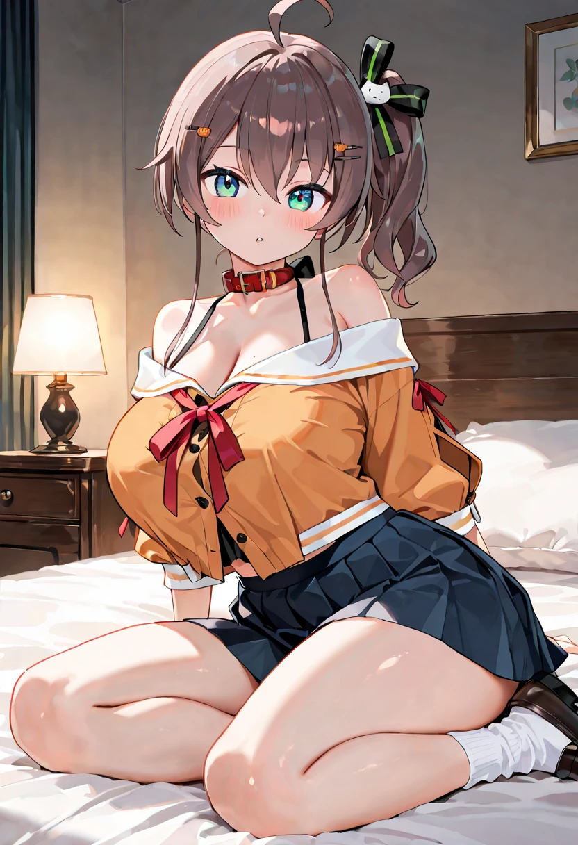 (masterpiece)), ((best quality)), (ultra-detailed), ((kawaii)), cute, (lovely), ((extremely detailed)), 4K, (8K), best quality, (beautiful),(((world-class quality))), extremely detailed, high resolution, (detailed shaded pretty face), full body, teenager, (((gigantic breasts))), (((sagging breasts))), brown hair, long hair, antenna hair, ponytail, brown eyes, (pink cardigan), open cardigan, white Camisole blouse, (yellow Pleated Skirt), white thighhighs, on the bed, from side