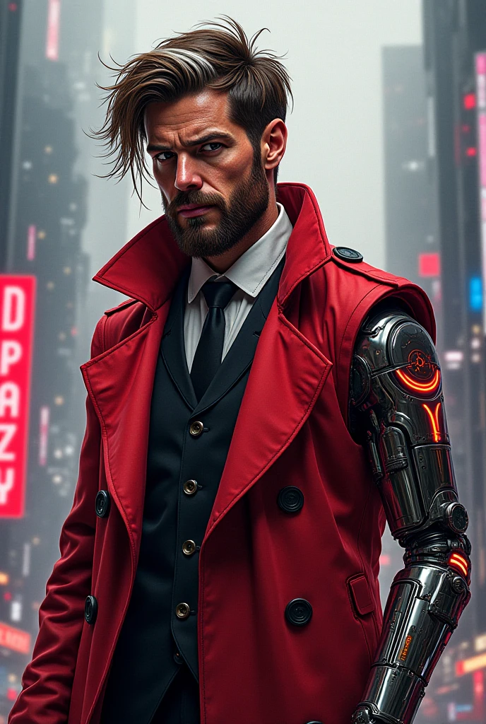 Highly detailed illustration of a rugged, cyberpunk detective in his 40s, with messy brown hair with a distinct white streak and a short, unkempt beard, also with a white streak. His expression is weary yet determined. He wears a distinctive red trench coat with a high collar, layered over a slightly disheveled suit and loose tie. Most parts of his face and neck feature sleek cybernetic implants, emitting a soft neon red glow. His eyes are cybernetic, displaying a faint red HUD interface. His arms, partially exposed beneath the coat, are an advanced mechanical cyber-limb with polished chrome plating, intricate designs, and glowing lines of circuitry. The background shows a misty, futuristic city skyline with neon skycrapers, giving a noir, cyberpunk atmosphere.