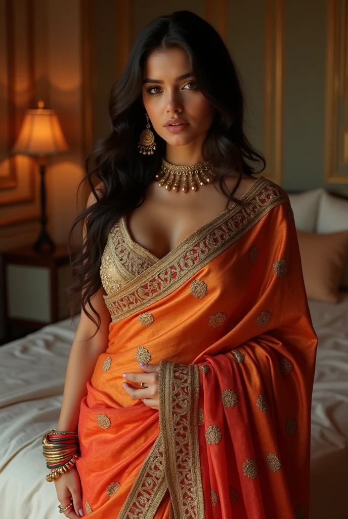 Women with saree Big breast sitting in the bed 
