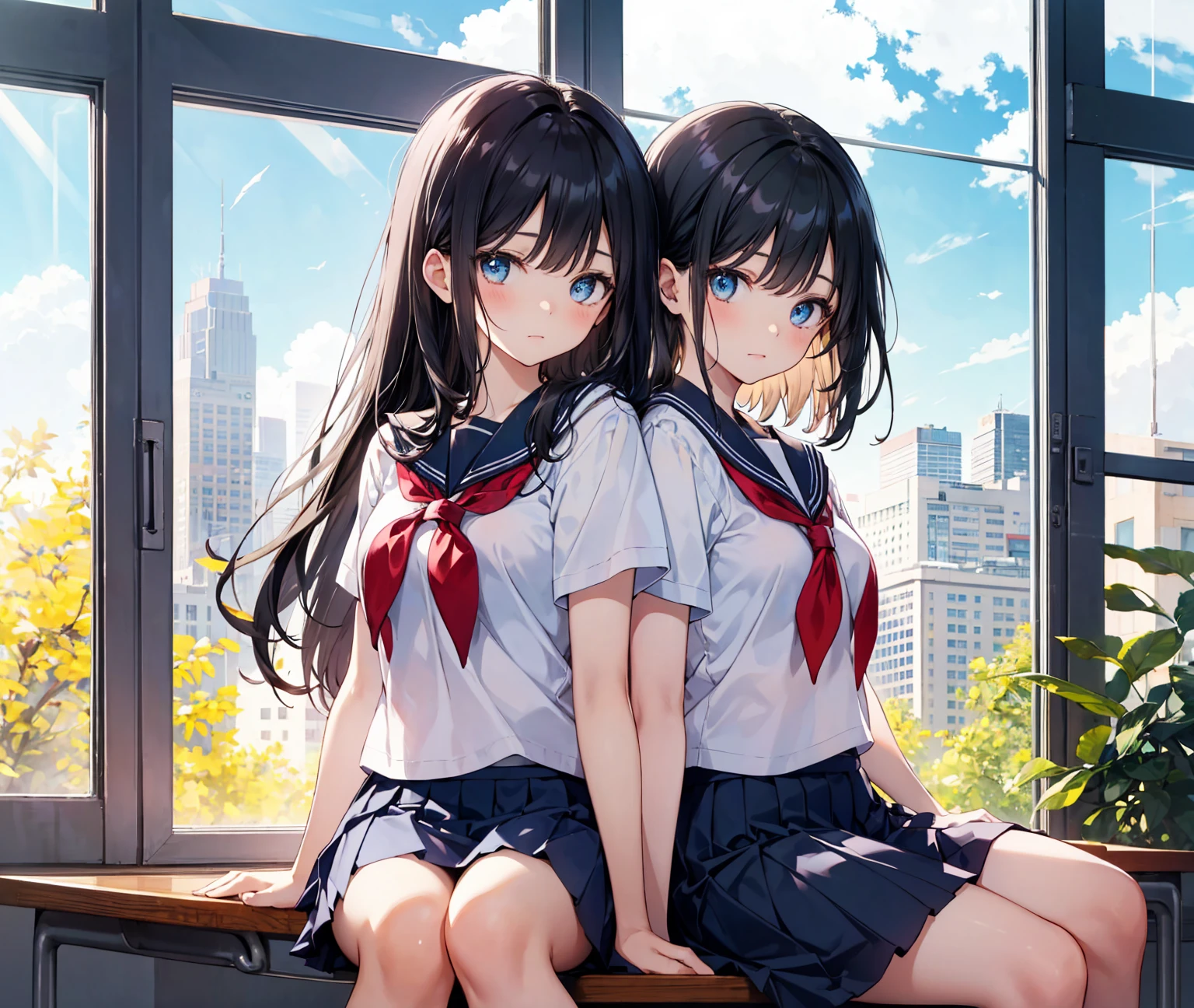Highest quality, Very detailed, masterpiece, One Girl, Sit on a chair, talk, Smile, 15yo, (low twintails:1.2), Low Pigtails, Black Hair, Long Hair, (Navy blue sailor suit:1.4), Blue ribbon, Long sleeve, School desk, School Chair, classroom, from the front, window, Schoolyard, distant cityscape, A town with hills, Sea in the back, sunset, anime, Focus on the face