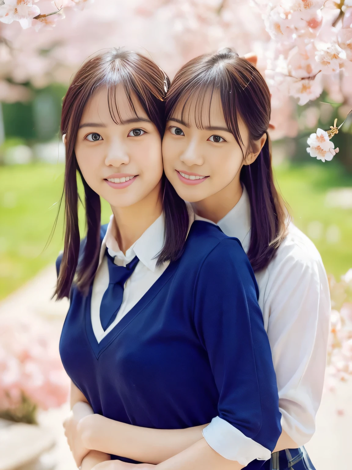 (((School yard 1 .0)))(((landscape with cherry blossoms in the background 1.0)))(((cherry blossoms in full bloom 1.0)))(((Cherry Blossom Fubuki 1.0)))、(((Portrait of a lesbian couple )))、(((best image quality、highest resolution、greatest masterpiece、8k)))、(((detailed face)))(((cute face)))(((Baby Face)))(((Young contour)))((( Lovely facial features)))、((( Blizzard 10 )))(((model figure)))((( Perfect pose line)))、(((Big Breasts 1.0)))(((large cleavage by lapis lazuli 2.5)))(((captivating collarbone 1.0)))(((nsfw)))、(((long straight hair)))(((5 long twin tails.0)))、(((Schoolgirl uniform 1.0)))、(((School-designated student blazer 1.0、collared blouse shirt、pleated skirt 1.0)))(((dynamic posing)))(((random posing)))(((dynamic back hug shot 5.0)))、(((hugging lovingly from behind 2.0)))(((seductive back hug shot 2.0)))、(((Smiling with corners of mouth turned up)))、(((lesbian couple shot)))((( lesbian couple in love)))