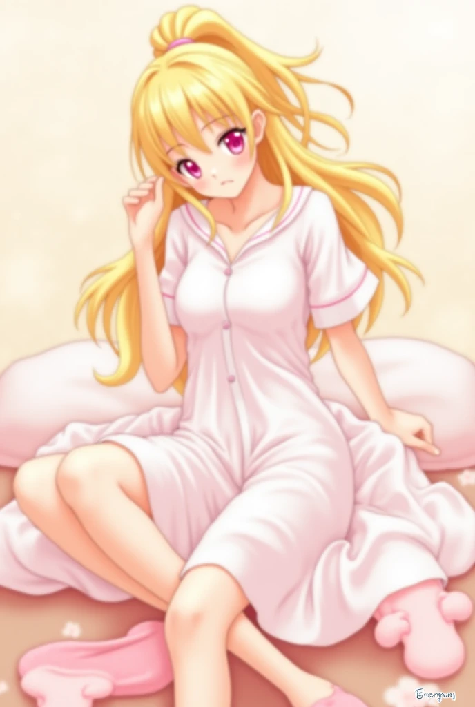 Mizumori Atsukaze,An illustration, girl with yellow hair,Big pink flower on head,freckles,blue eyes,Sitting flat,Sad expression,