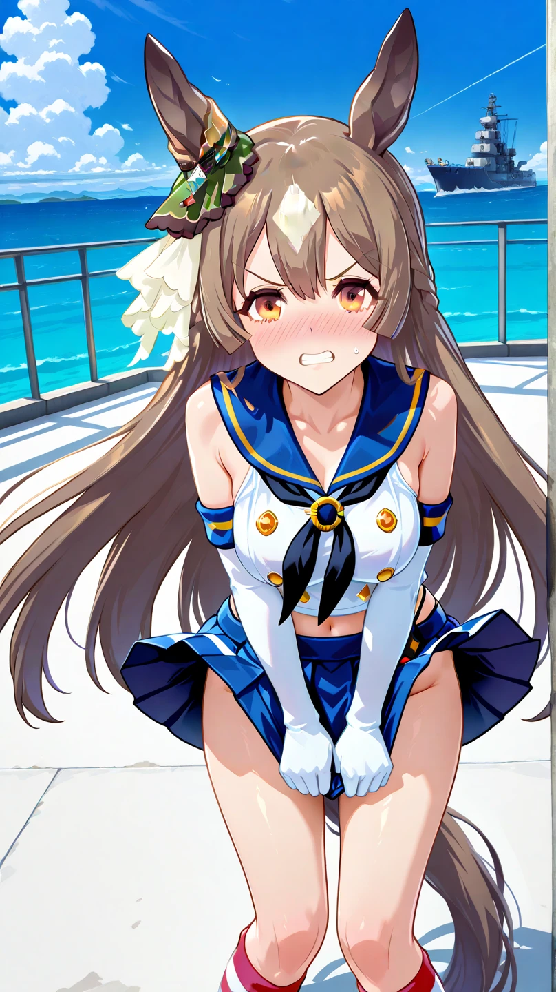 One girl, Long Hair, barefoot, (Small chest: 0) Looking down, Dynamic pose,   Sailor suit、Long skirt, Anxious face (Highly refined skin),  Detailed face, 8K Ultra HD, Soft Light, high quality, Full body portrait.Strong winds