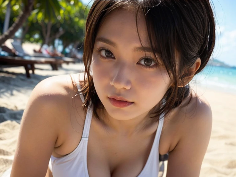 (masterpiece:1.2,Highest quality),Blur the background,One young woman,((nude)),(Big Breasts),((Chest to chest)),((Sexy pose)),Black Short Hair,((Beautiful and beautiful eyes)),Blushed,Healthy Skin,Observe the audience,(provoke),(Beach),8K resolution,13 years, Junior high school girl,