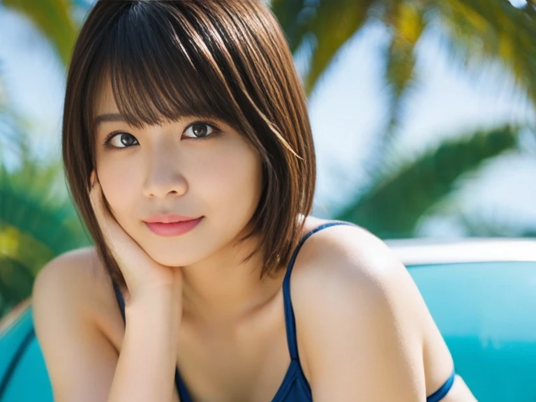 1 girl, masterpiece, Very detailed, (Shine), ((beautiful delicate Shine)), Intricate details, Lens flare, Black Hair,short hair,Orange bikini swimsuit, hair ornament, (Particles of light), put your arms behind your back, Medium Chest, [take up], Cowboy Shot,Full body portrait,A light smile, Black Eye, Water&#39;s Edge,Beach,Spotlight, Dark Background, floating hair, floating hair, Looking at the audience,((colorful))