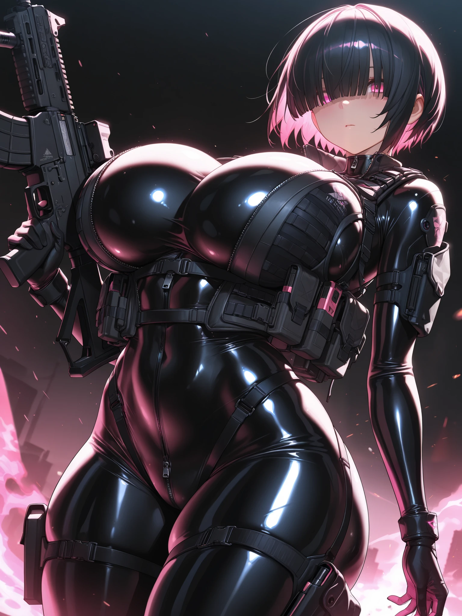 masterpiece, ultra-detailliert, 8k, hiquality, Top image quality, digitial illustration, Seductive Anime Girl, ((Combative posing:1.4)), ((Hover effect:1.2)), Meticulously drawn hair, Detailed eye depiction, appearance Splash paint background in colors, Center, ((heavy weapons:1.4, armament:1.3))、((latex micro bikini:1.3 crop top:1.3))、((cleavage:1.3))、((crop top navel))、((highleg:1.3))、((huge breasts:1.3))、((huge hip:1.3))、((thick thighs))、((collarbone))、((cameltoe))、seductive smile、shiny skin、Sharp Focus, draw the full body, Glossy realistic skin texture, Precise human body structure、Smooth texture